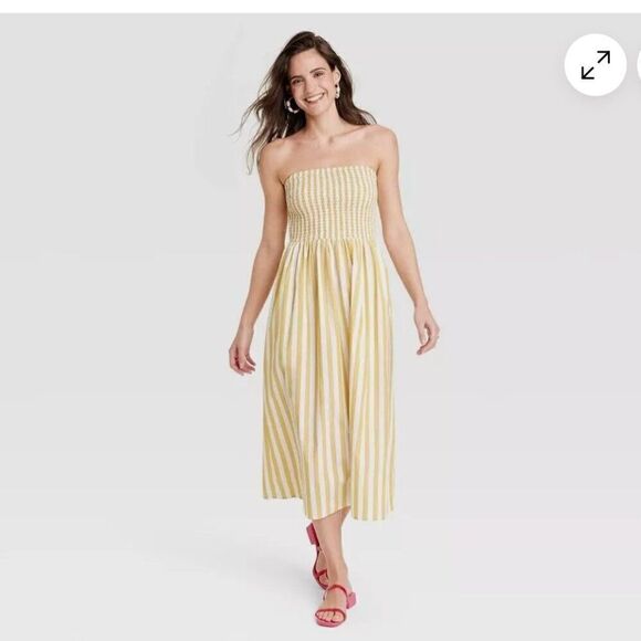 A New Day Strapless Smocked Tube Sundress Yellow White Stripe Small - Picture 1 of 7